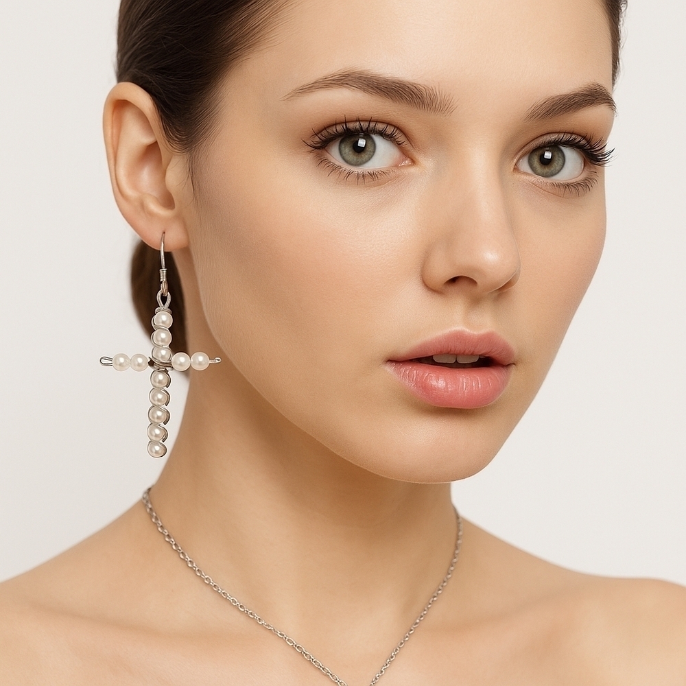 Hand Crafted Silver Faux Pearl Cross Necklace and Earring Set